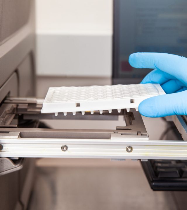 Scientist loading samples to a RT-PCR thermal cycler at the laboratory. Real-time polymerase chain reaction technique. RT-PCR technique